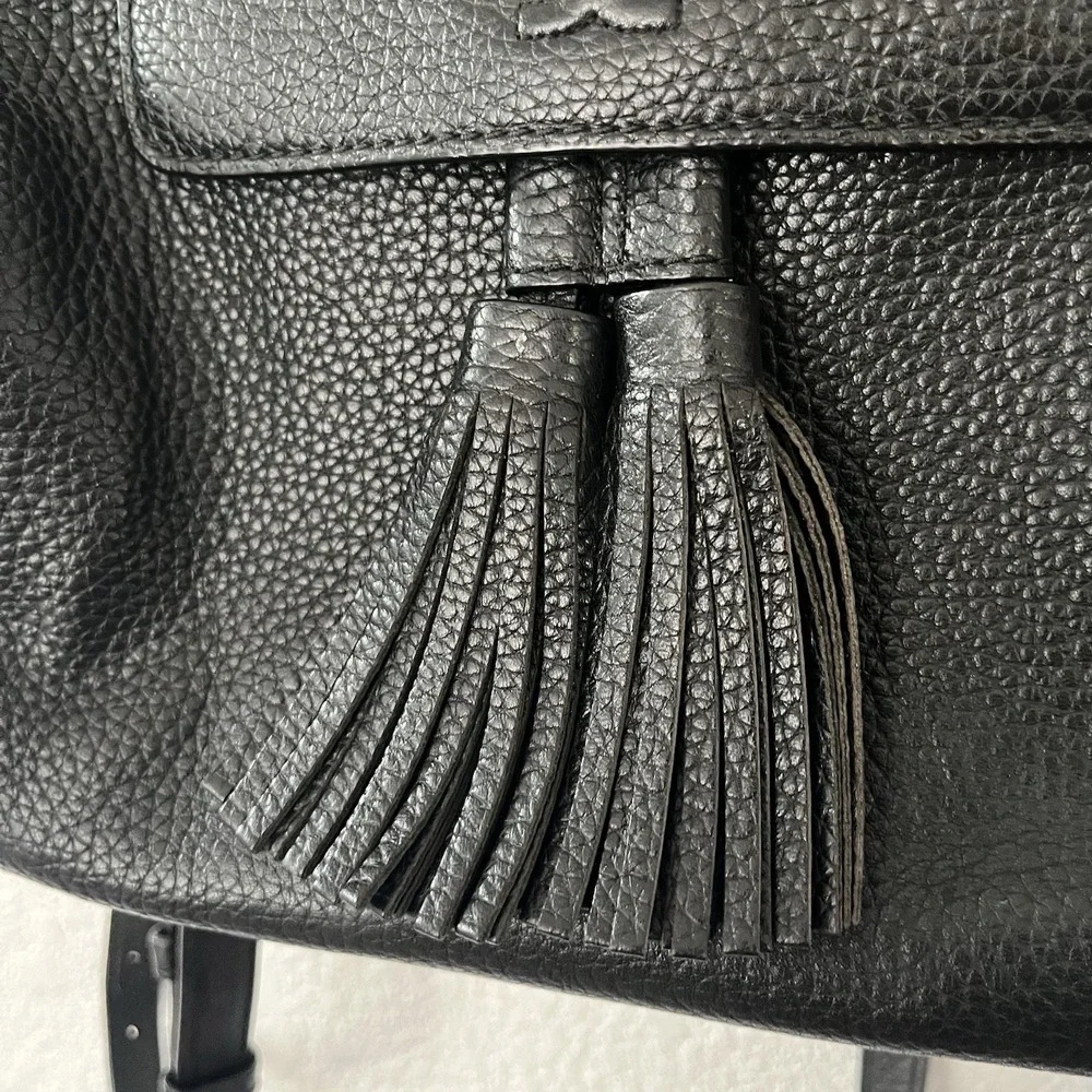 Tory Burch McGraw Black Pebbled Leather Backpack Tassel Double T Logo Stains